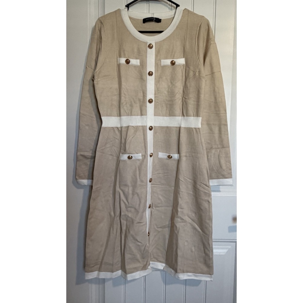 NWT MEROKEETY Dress Womens L Beige Knit Contrast Trim‎ Gold Buttons Long Sleeve